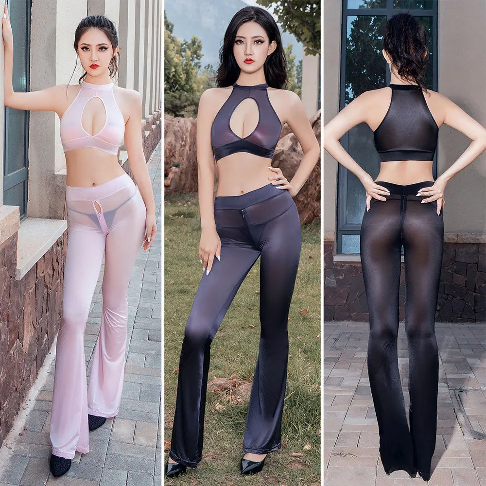 Zipper Open Crotch Flare Pants Women High Waist See Throught Slim Fit Long Pants Gym Leggings Female Sexy Sports Tights Trousers