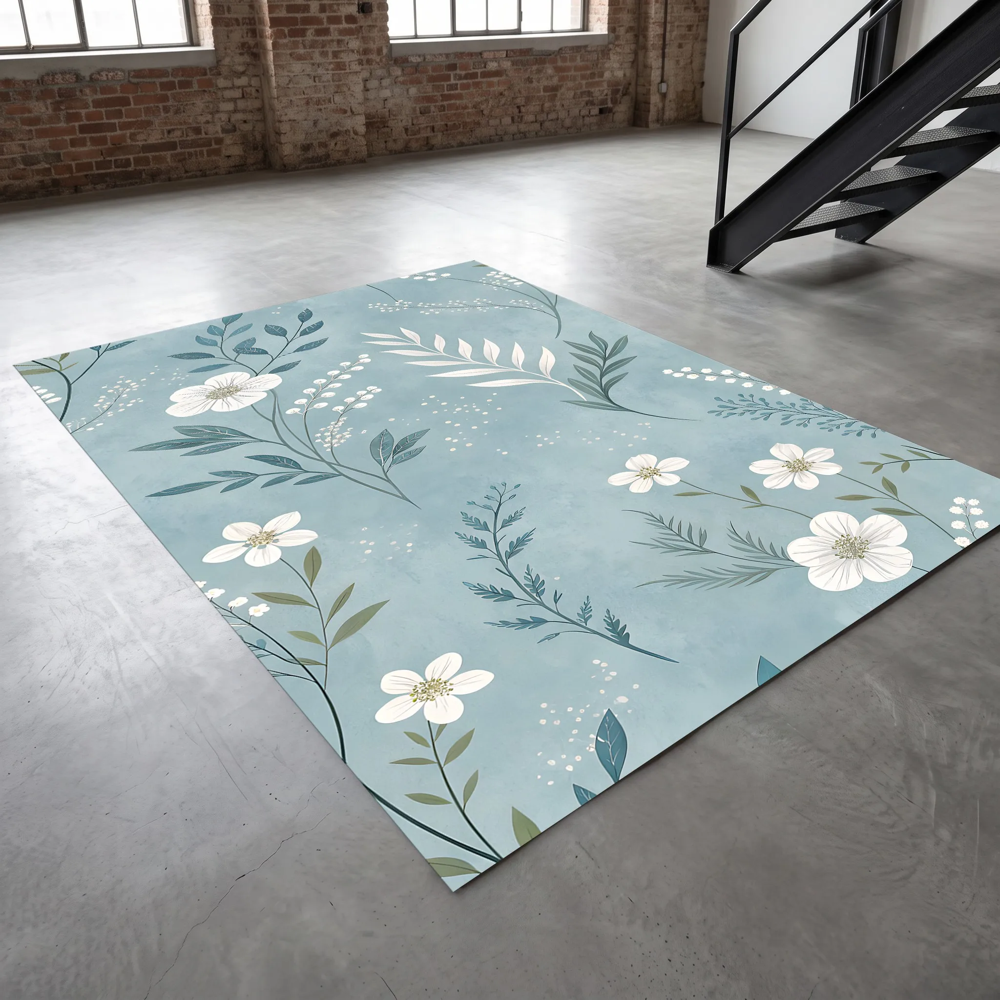 Velvet Rug Light Blue Hand Painted White Floral Leaf Fresh Natural for Bedroom Bedside Living Room Entryway Decor