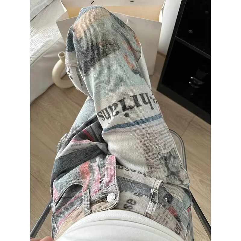 Y2k Denim Jeans American Style High Street Personalized Print Newspaper Jeans For Men Women Summer Straight Loose Wide Leg Pants