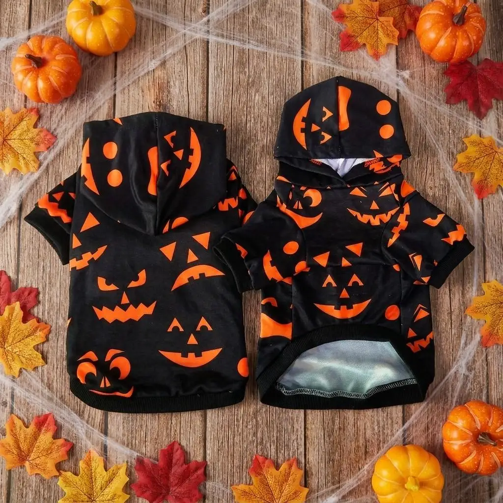 Halloween-Hundepullover mit Kürbisgesicht, Kapuzen-Sweatshirt für Haustiere, Welpen-Kapuzenpullover, Cosplay-Kostümkleidung für kleine und mittelgroße Hunde und Katzen – Detail 8