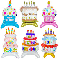 Birthday Cake Balloon with Base Standing Foil Balloon Cute Cake Balloon Kids Boy Girl Birthday Party Decor Supplies Baby Shower