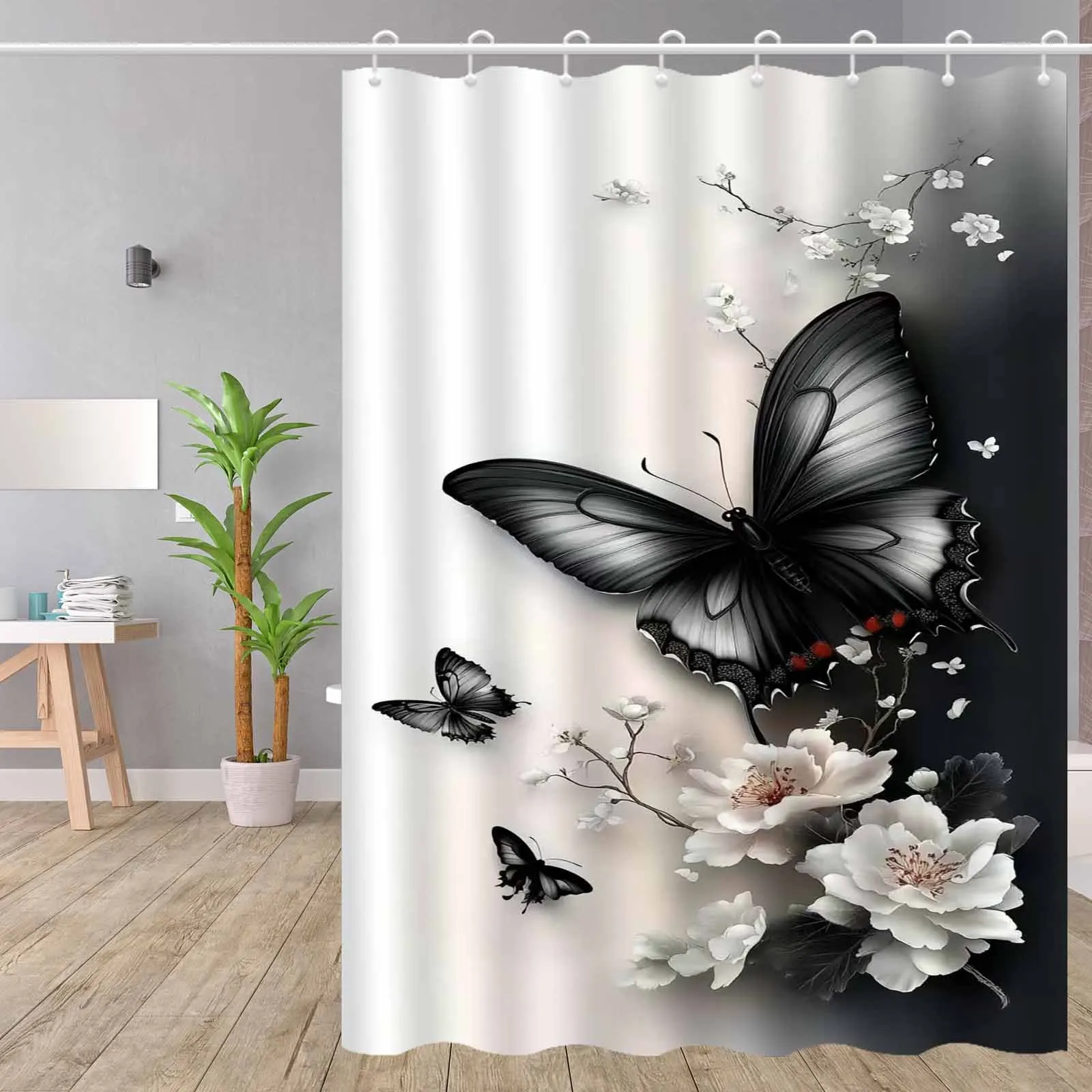 

Черно-белая занавеска для душа с бабочкой и вишней, элегантный художественный дизайн, современный декор для ванной комнаты, изысканная ванна