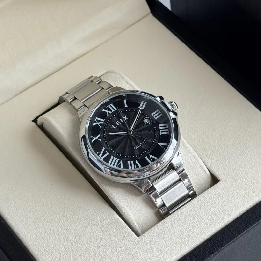 Elegant Men's Watches Roman Scale Analog Quartz Watch For Men Stainless Steel Silver Calendar Wristwatch Gifts Clock Montre