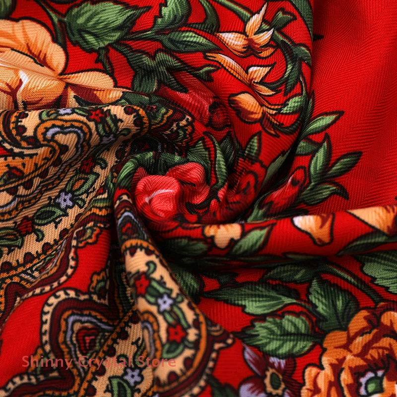 

90*90cm Ethnic Style Headscarf Square Scarves For Women Retro Peony Flower Print Fringed Shawl Handkerchief Cotton Head Wraps