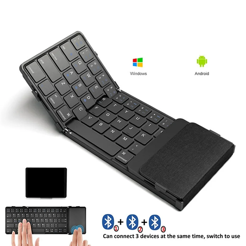 POP-lFaltbare Bluetooth-Tastatur, dreifach faltbare kabellose Tastatur mit Touchpad, wiederaufladbare Tastatur für Windows IOS