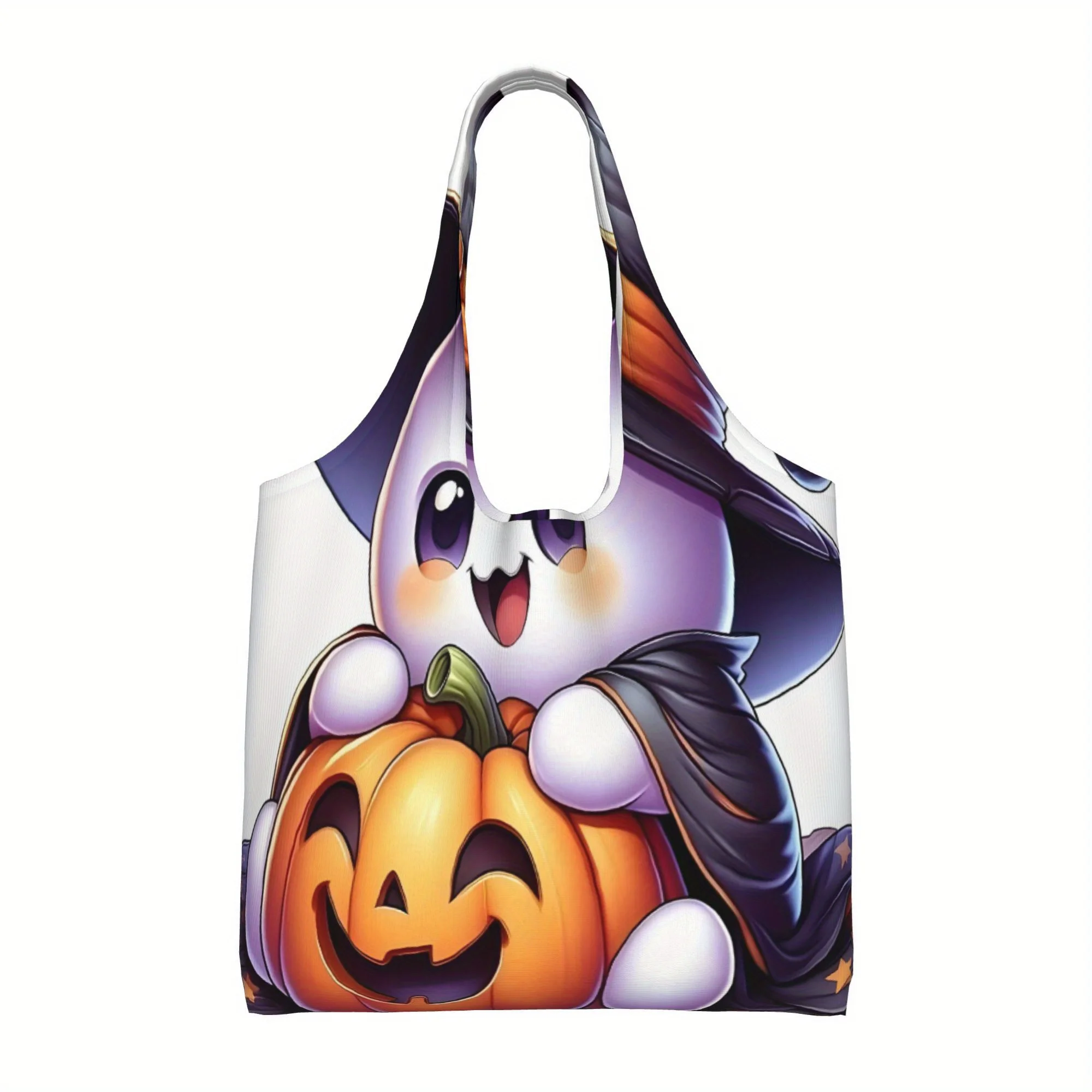 

1pc Halloween Cartoon Ghost Print Large Capacity Canvas Tote Bag - 14.2x22.8 Inches, Durable Polyester, Machine Washable, No-Clo