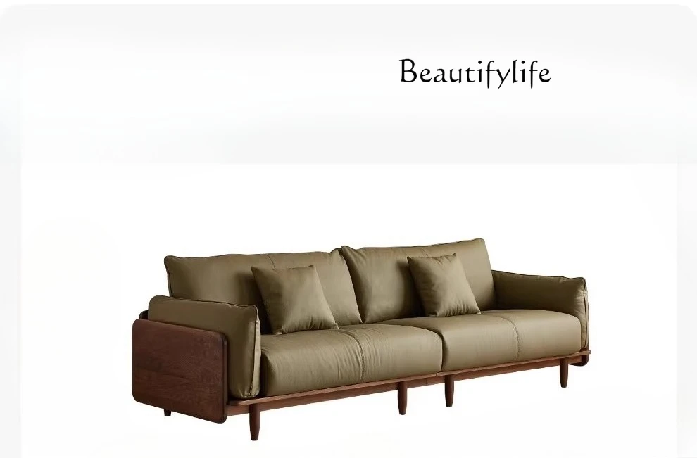 

Black walnut sofa solid wood retro small apartment living room leather sofa log straight row multi-person