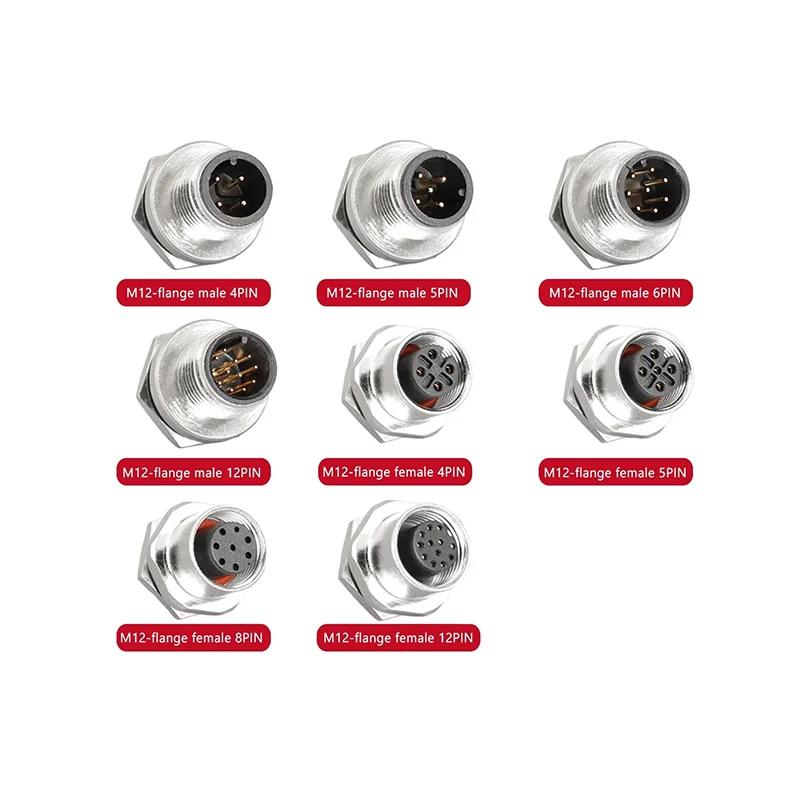 M12 Flange Mounting Waterproof Sensor Connectors Screw Threaded Coupling 4 5 6 8 12Pin A Type Male&Female Sensor socket