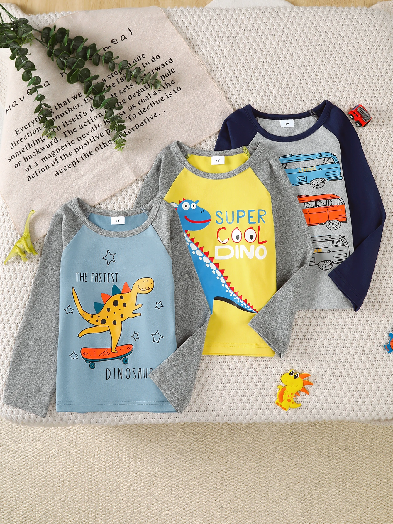 3-Pack Boys Long Sleeve T-Shirts Spring Autumn Shoulder Insert Dinosaur Car Pattern Fashion Casual Base Layer Shirt for Kids