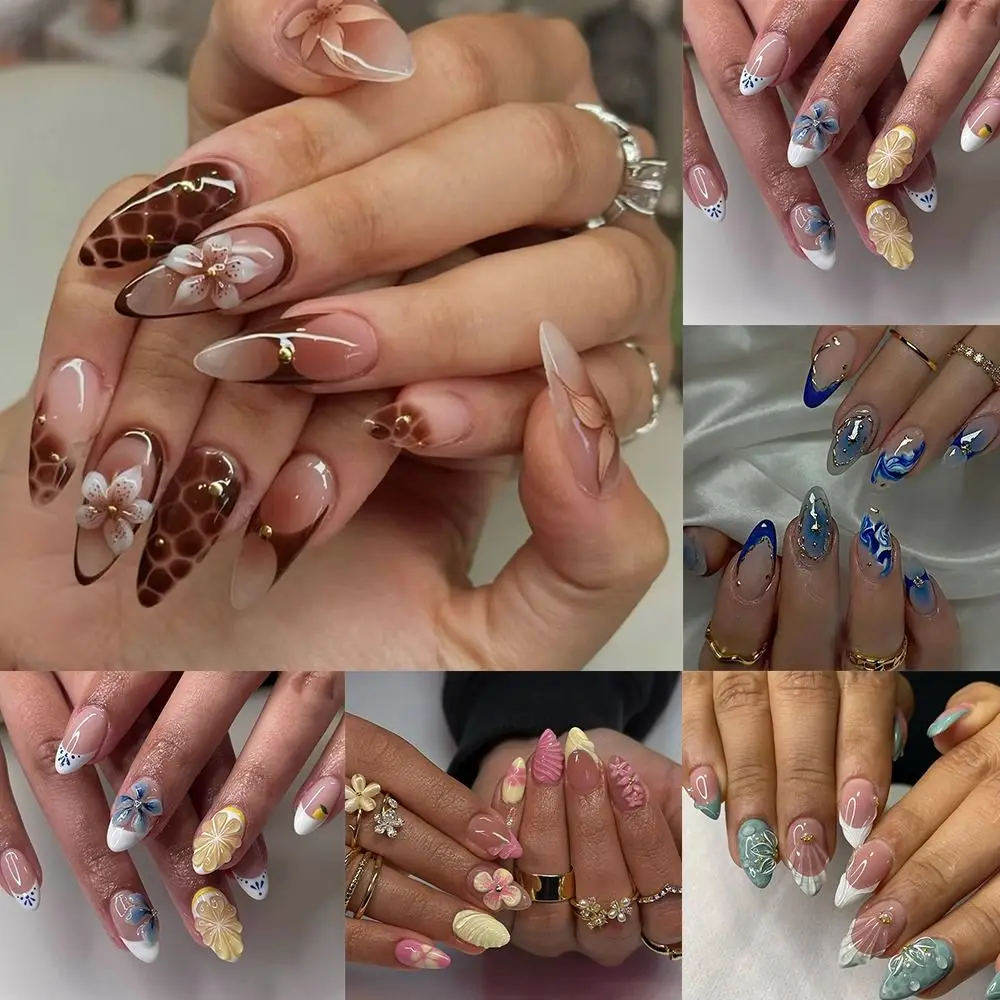 24 stuks manicure lange amandel kunstnagels bloemen aurora Franse pers op nagels cat eye vlinder sterren afneembare nageltips dames