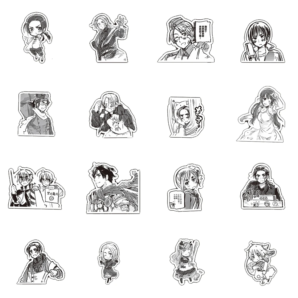 Autocollants waterproof Hetalia Axis Powers, 10/30/75 pièces, stickers, dessin animé, cool, noir, blanc, graffiti, pour ordinateur portable, téléphone