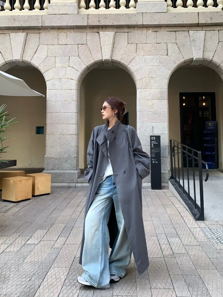 【FANGTING】Women's Light Blue Loose Wide Leg Jeans Spring Cat Whisker Vintage Casual Draped Pants