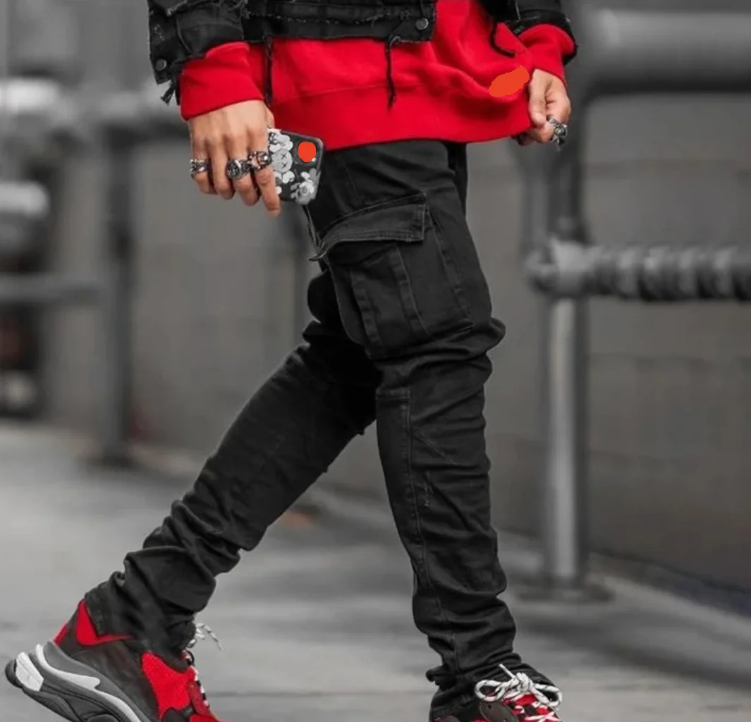 New Casual Slim Fit Daily Wear Joggers Mid Waist Trousers Men Street Elastic Jeans Wash Solid Color Multi Pockets Cargo Pants