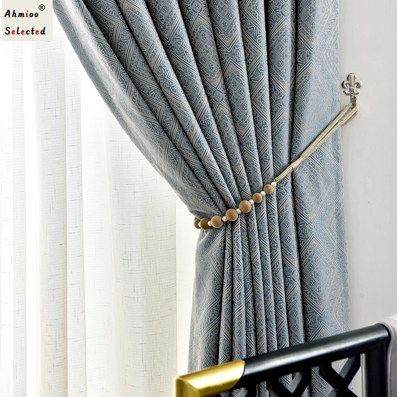 

High-end Jacquard Thickened Bohemia Style Blackout Curtains for Living Room Bedroom Morocco Geometric Jacquard Grey Blue Drapes