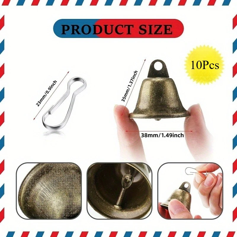 10Pcs Vintage Bronze Brass Craft Bells with Spring Hooks for Wind Chime Christmas Wedding Decor Dog Training
