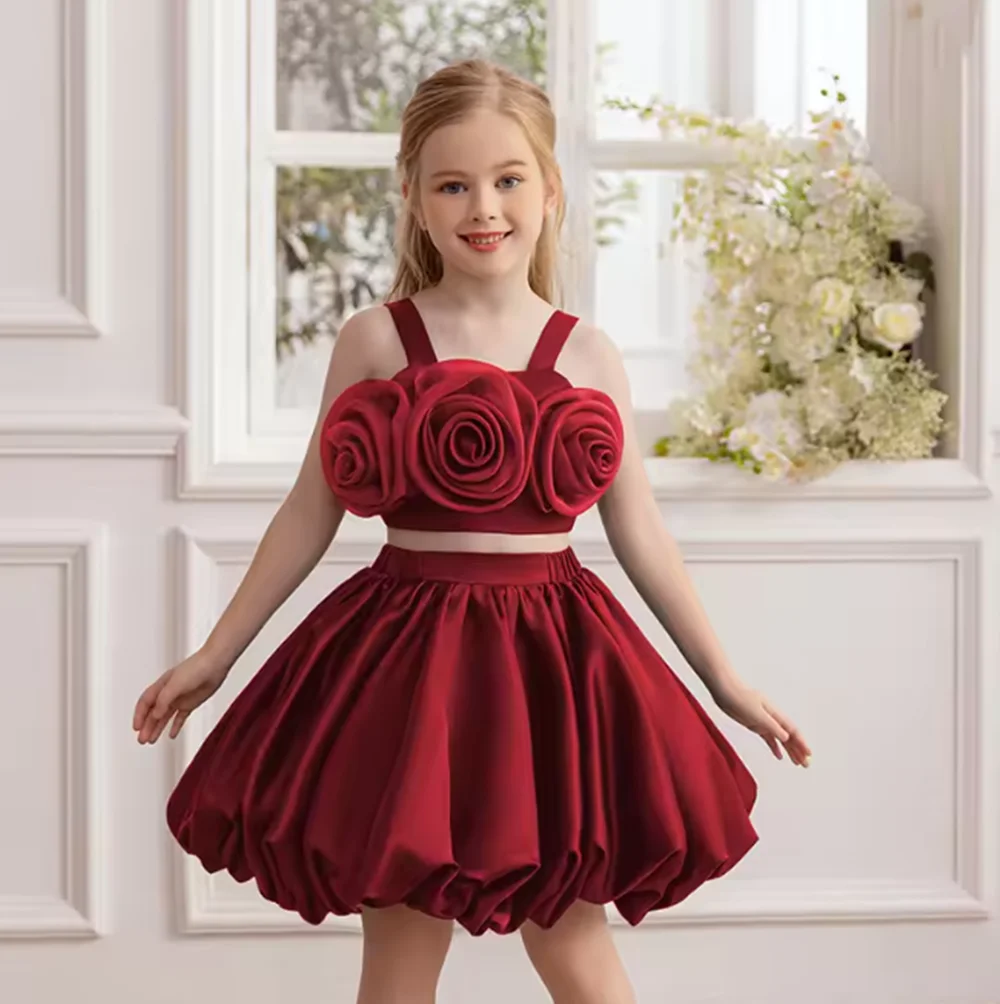 

Two Pieces White Flower Girl Dresses Birthday Wedding Party Gown Kids Princess Sleeveless Knee Length Prom Dress for Girls