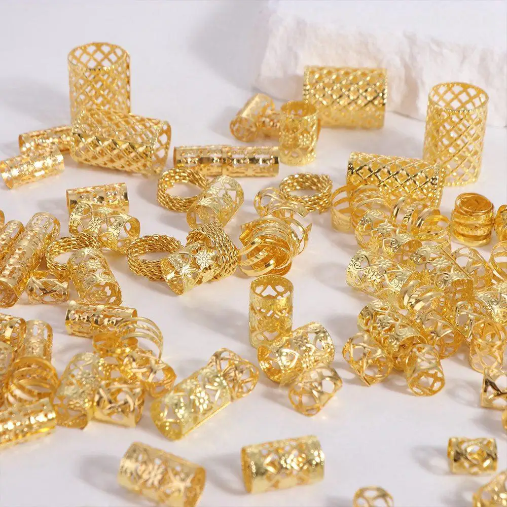 90PCS Dread Locks Hollow Out Hair Ring Metal Cuff Clips Hair Braiding Dreadlocks Beads Gold and Silver Headwear Hair Braid Tubes