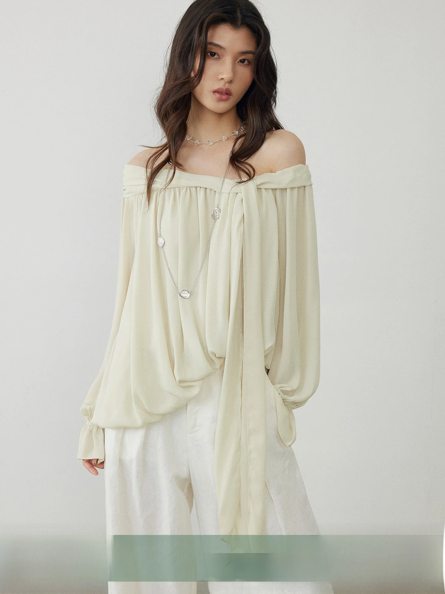 

KEARA Loose Shoulder Shirt Women's Summer Casual Feelings Slant Shoulder Design Sensation Sash Top Breathable Long Sl...