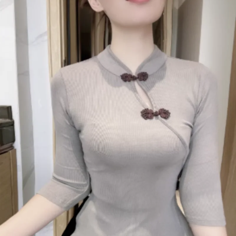 Gray New Chinese Style Button up Stand Collar mid Sleeve Improved  Top Women's Slimming Traditional Chinese Style Top