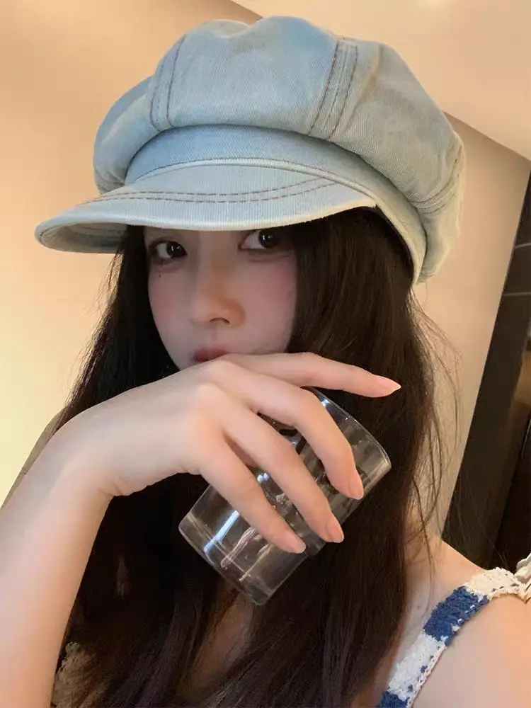 

Cappelli ottagonali da donna vintage in denim Cappelli classici da strillone in cotone lavato Cappello da berretto a tesa piatta