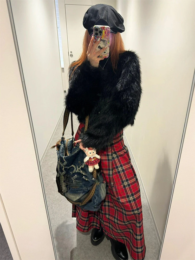 Falda a cuadros por debajo de la rodilla Vintage para mujer, Coqueta con abertura Gyaru, diseño Preppy de los años 2000, Sexy, Grunge, Cyber Punk