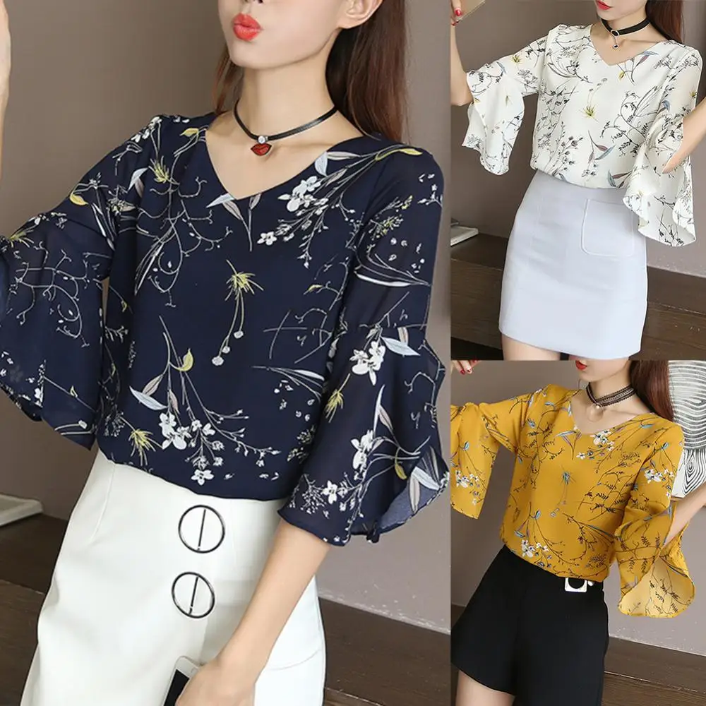 Women Blouse Flower Print Half Flare Sleeve V Neck Chiffon Shirt Office Lady Fashion Flower Print Shirt V Neck Chiffon Blouse