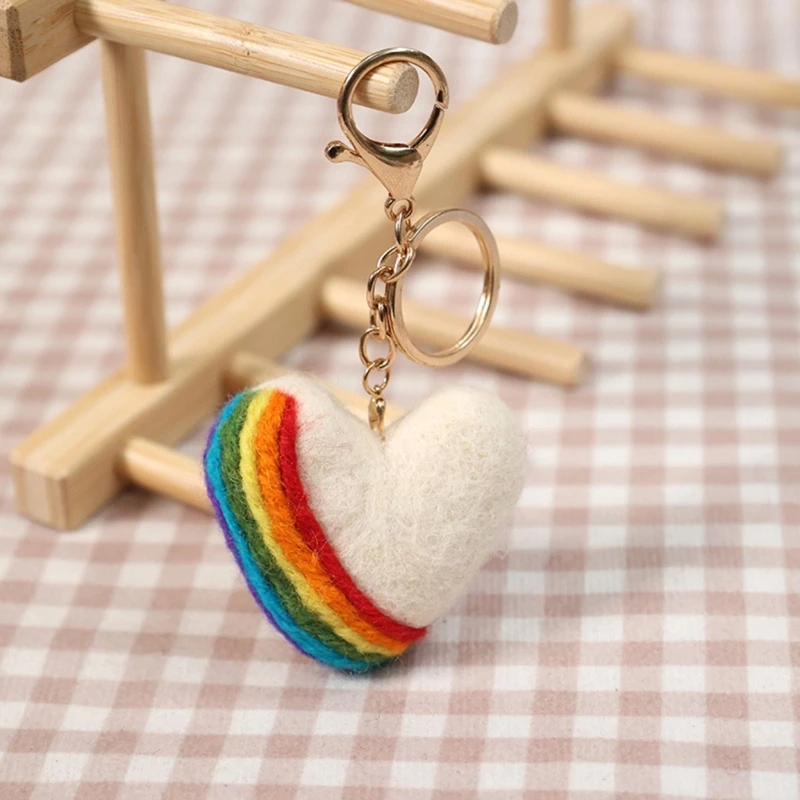 Wool Felt Rainbow Heart Lapel Pin Keychain Bag Ornament Delicate Rainbow Heart Brooch Keychain for Daily Wear Date Party