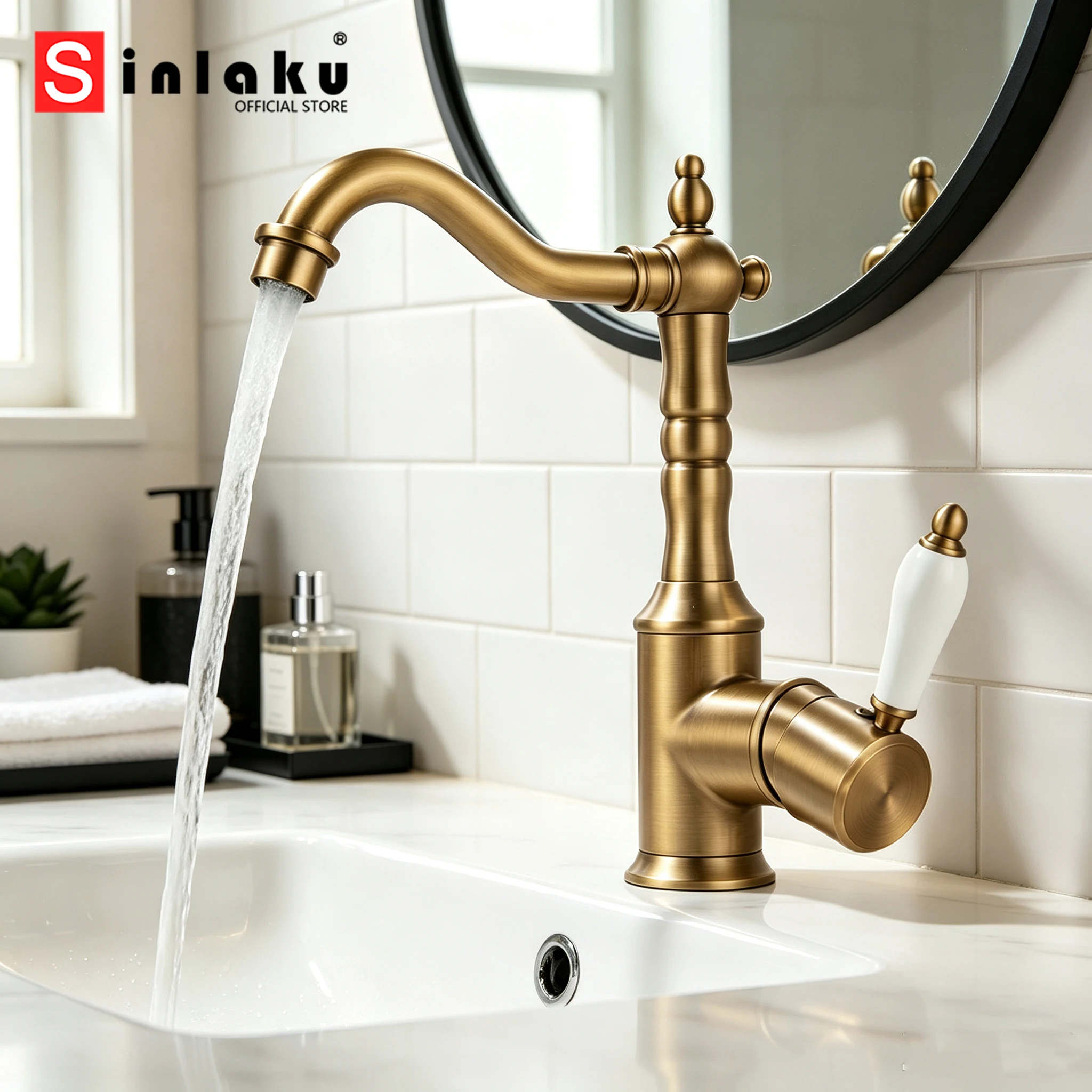 SINLAKU Luxury Gold Black Bathroom Basin Faucet Brass Single Handle 360 Swivel Sink Faucets Hot Water Mixer Tap For Kitchen