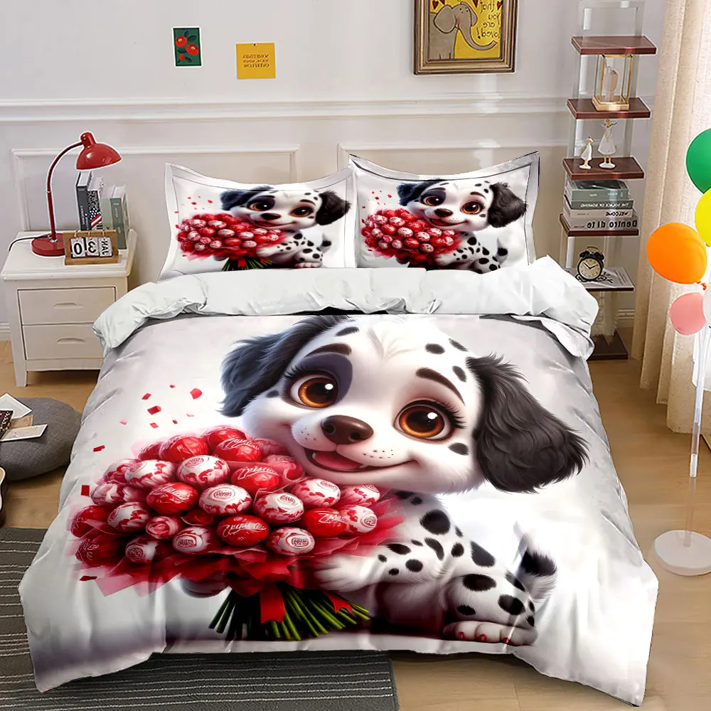 Cute Dalmatian with Sweet Bouquet Pattern Duvet Cover Set Digital Print Colorful Polyester Bedding with Zipper Closur for gifts
