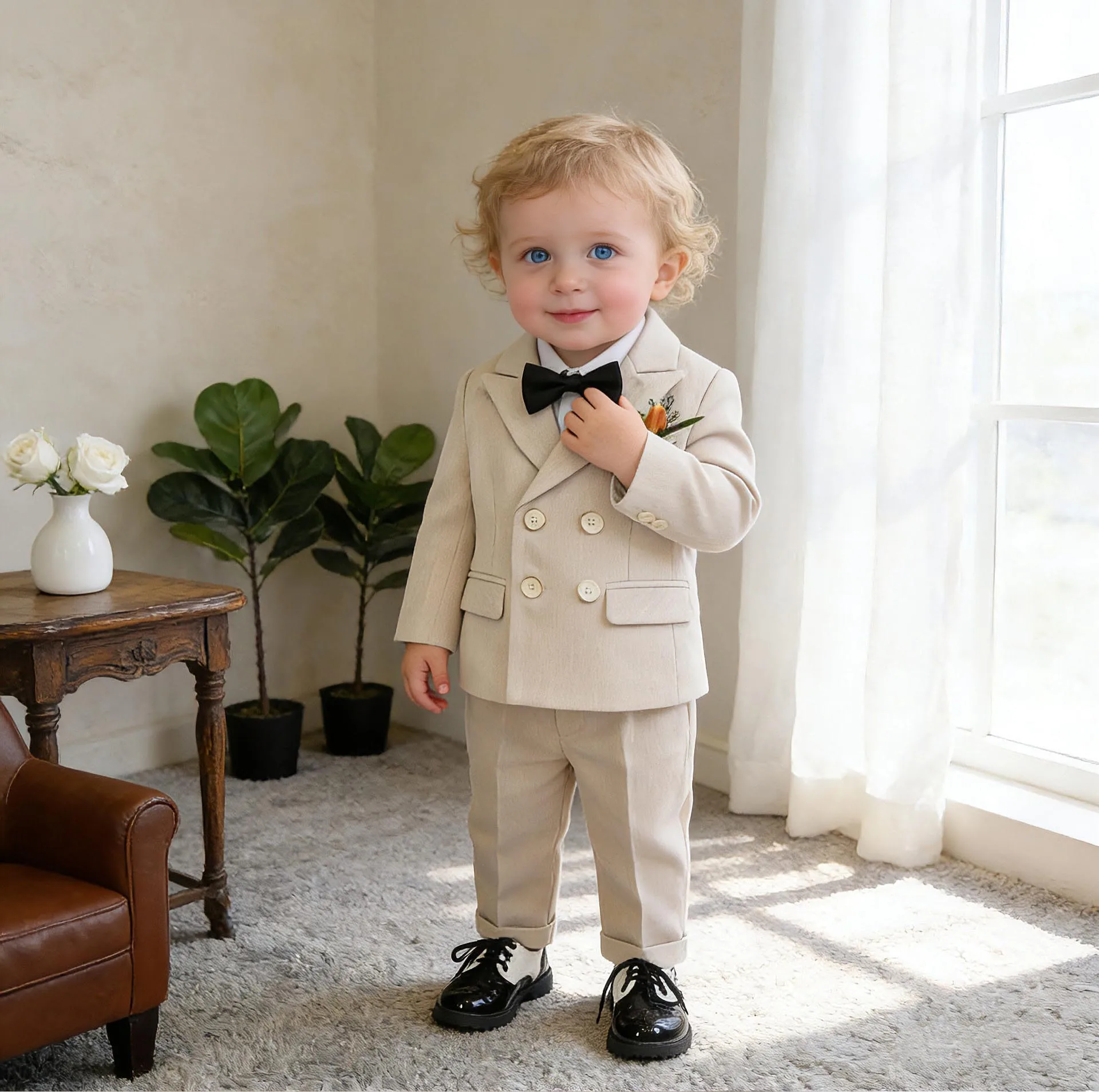 Russia BOYS Beige 1 Year First Birthday Photography Suit Baby Kids Wedding Dress Children British Style Host Performance Costume
