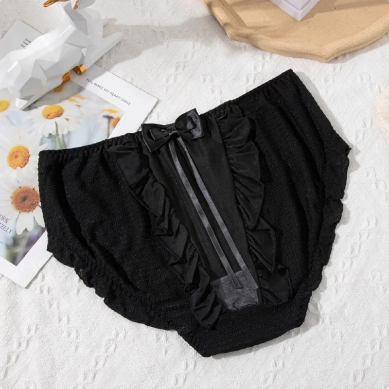 Sexy Medium High Waist Underwear Couple Lace Ruffle Sissy Bow Mesh Breathable Transparent Briefs Erotic Private Party Costumes