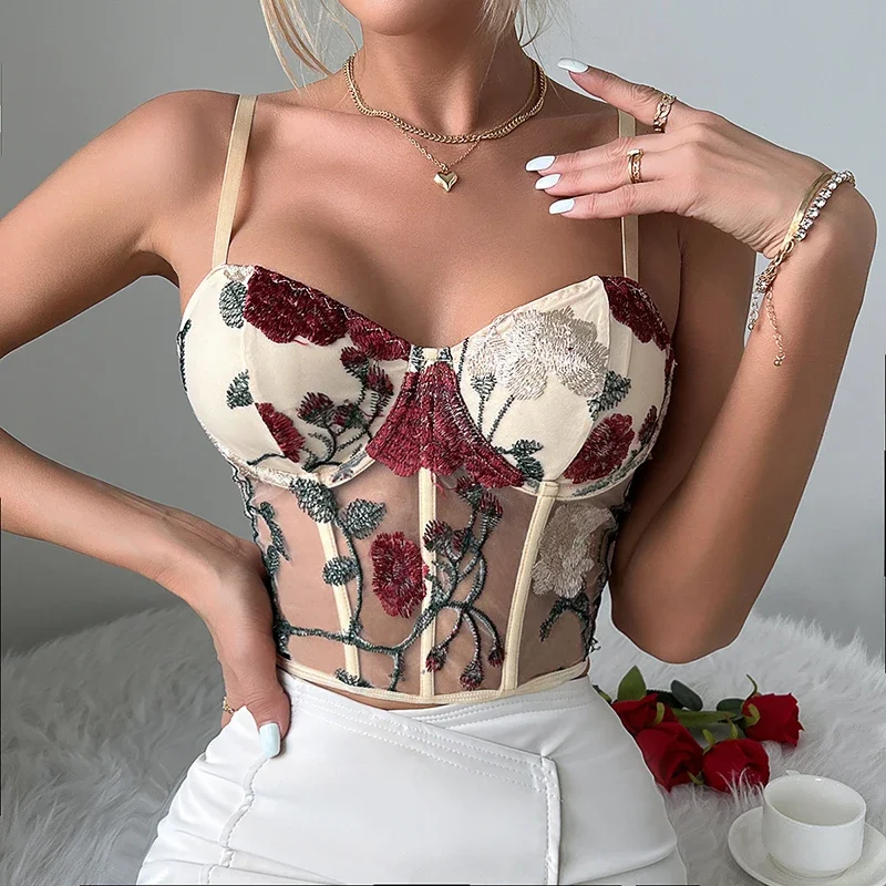 

Women Mesh Hollow Out Sexy Crop Tops Flower Embroidery Sweet Tank Top Spaghetti Camis Streetwear Tube Top Spring Summer