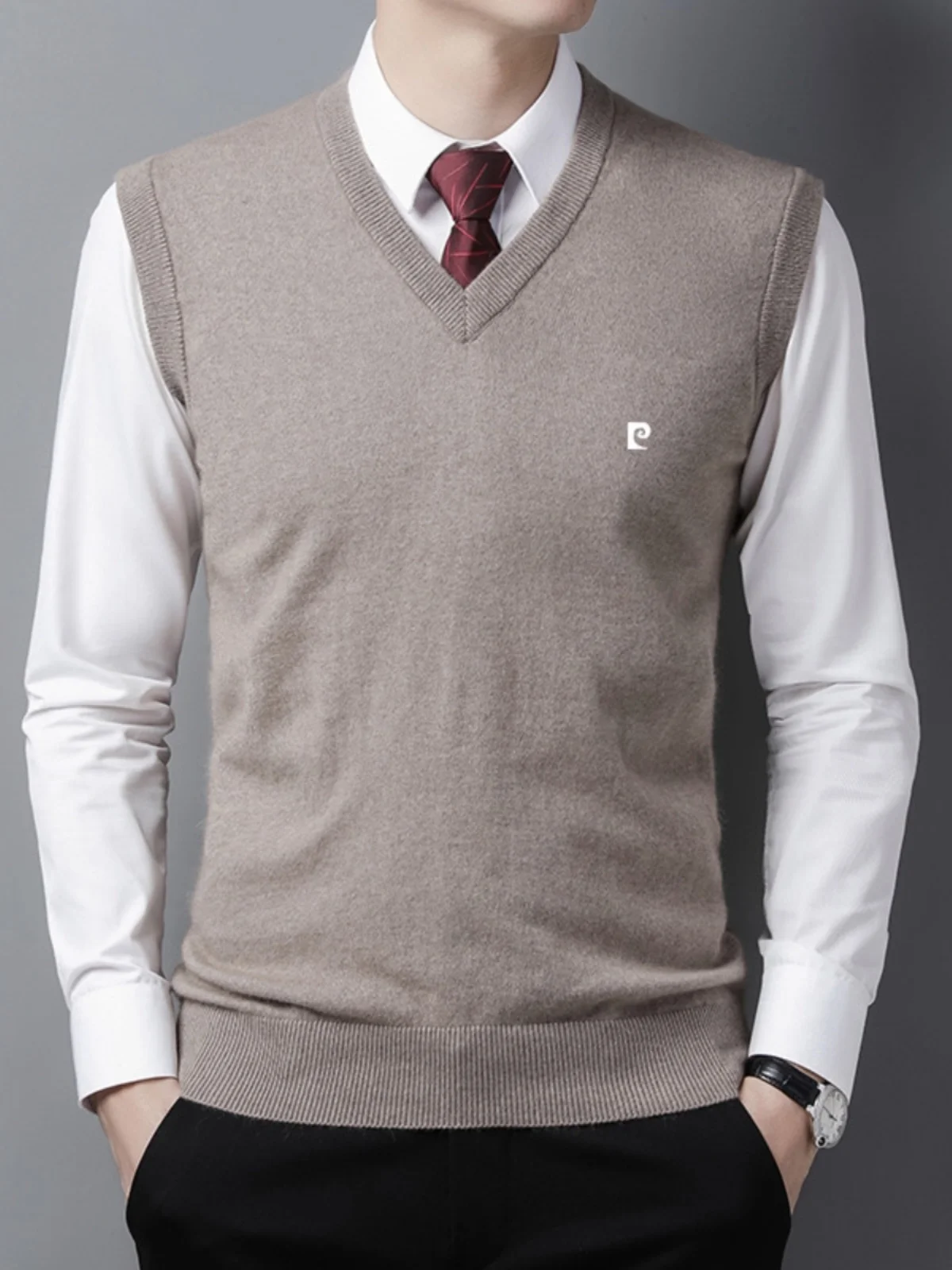 

Pierre Cardin Men's Cashmere Sweater Vest Thick Warm Sleeveless V-neck Woolen Vest Pure Color Business Casual Winter Top