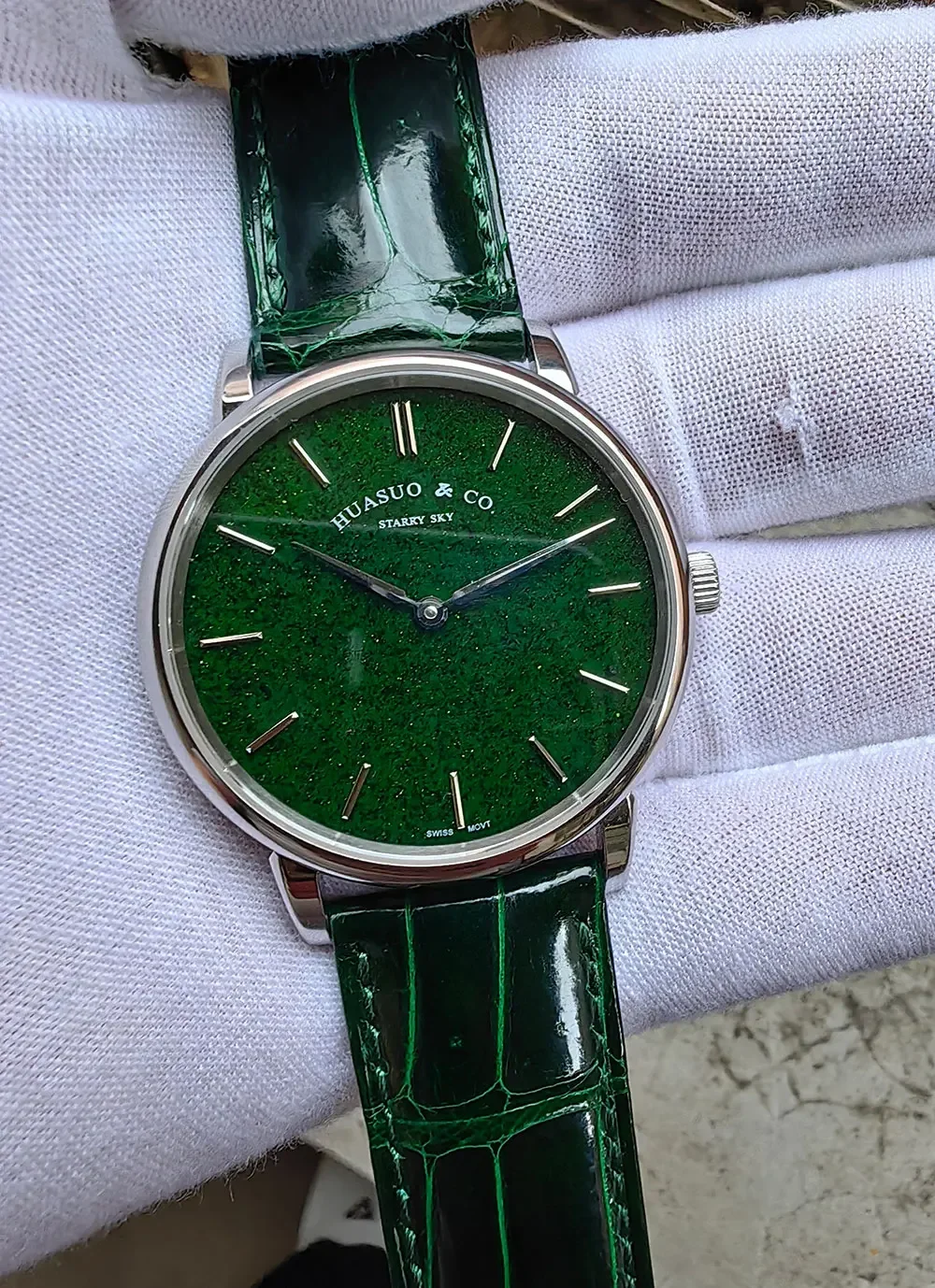 HUASUO Luxus 39mm Ultradünne Uhren Für Männer Blau Aventurin Sternenhimmel Automatische Bewegung SW300 Saphirglas 50m Wasserdicht 7