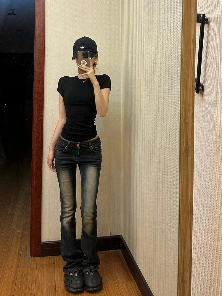 

Low Waist American Retro Denim Jeans Women's Spring Autumn Slim Elastic Straight Tube Pants Casual Sle Long Pants Deep Color