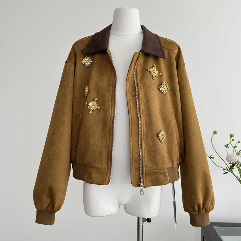 Suede Zipper Fly Jacket Coat Retro Loose Heavy Diamond Chic Jacket Overcoat Women Autumn Winter Long Sleeve Pocket Outwear