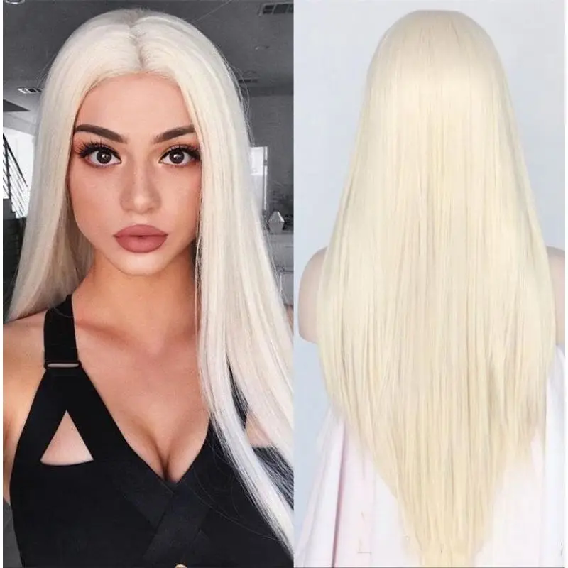 Women Cosplay Long Straight White Lace Front Wig Full Head Cover Synthetic Wig