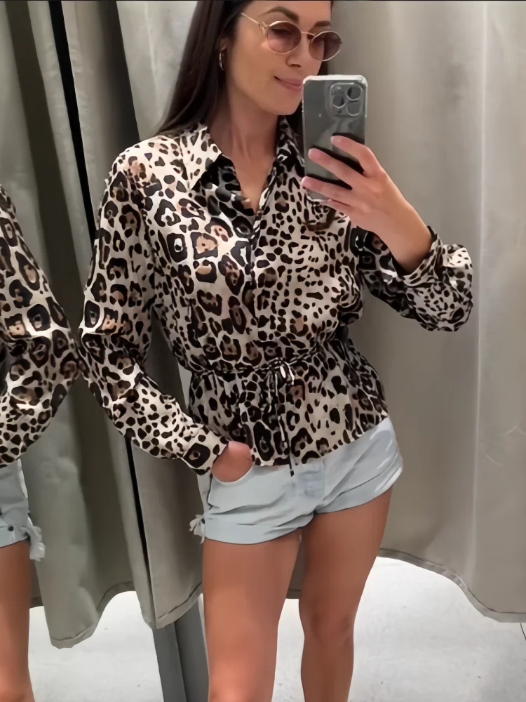 PB&ZA 2024 Spring New Women\'s Fashion and Elegance Casual Versatile Animal Pattern Print Lace up Decoration Slim fit Shirt