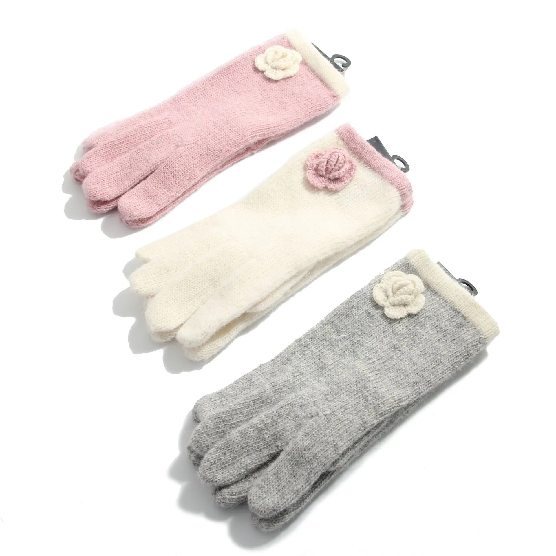 New Women Winter Knitting Flower Bow Printing Plush Soft Five Finger Gloves Women Outdoor Warm Gloves Pink Colors Gloves