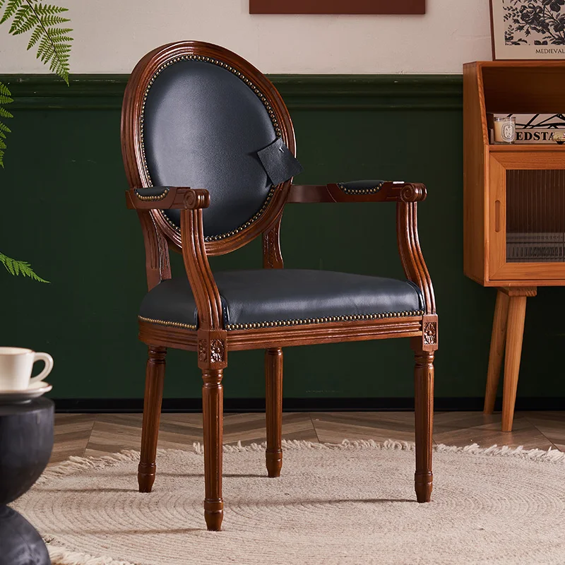 American country leather dining chair retro solid wood log casual back chair study cafe designer armchair