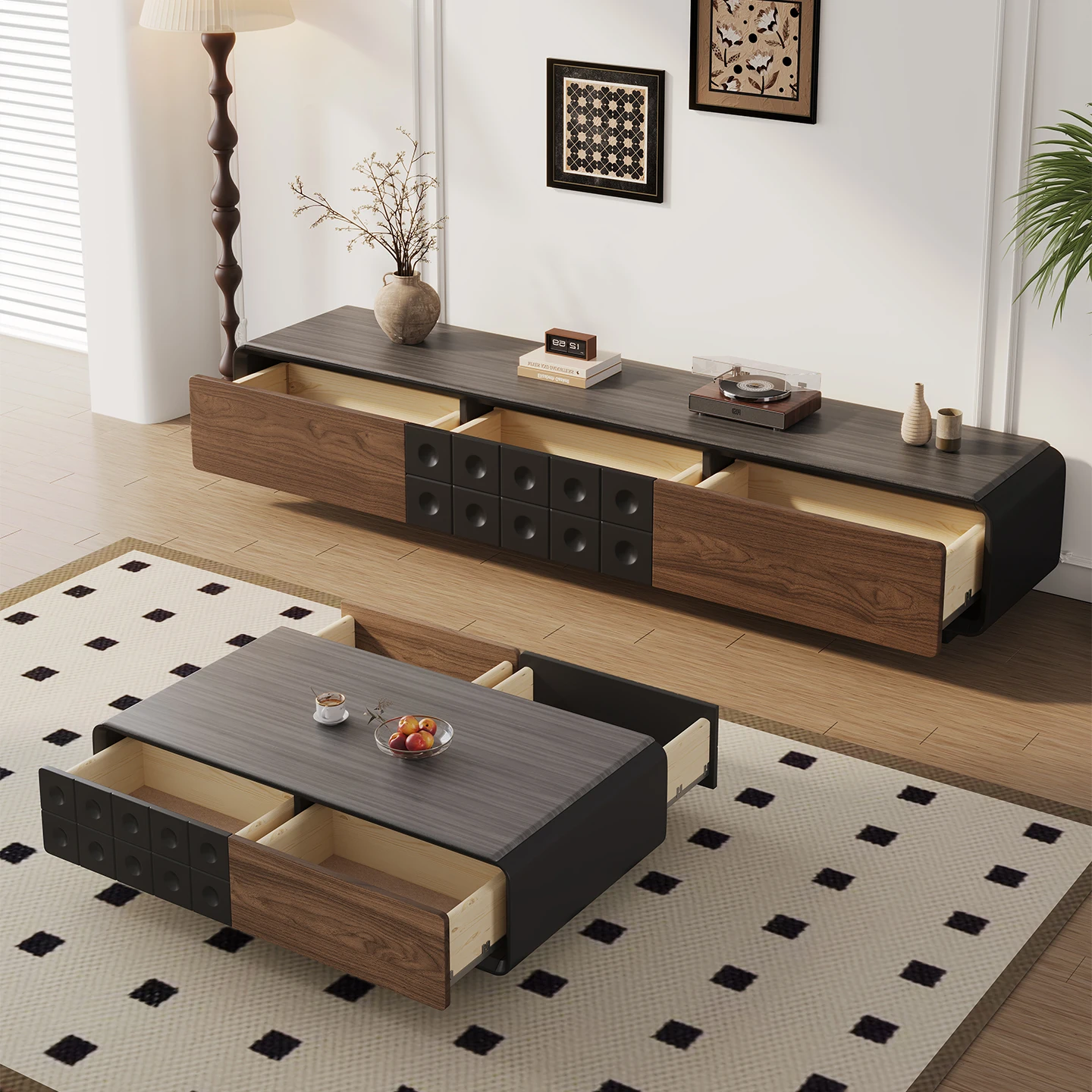 Set Luxury Walnut Wooden Media Console TV Stand Cabinet High Quality TV Cabinet TV Stand Unit Middle Ancient Coffee Table