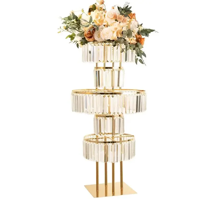 Wedding Gold Vase Centerpiece Acrylic Flower Stand with Hanging Acrylic, 5 Tier Round Chandelier Base for Wedding party