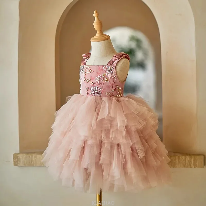 

Party Dress Vestido Children Pink Strapless Kids New Tulle Tutu Gown Costume Dresses Celebration Outfit Matching Girls Birthday