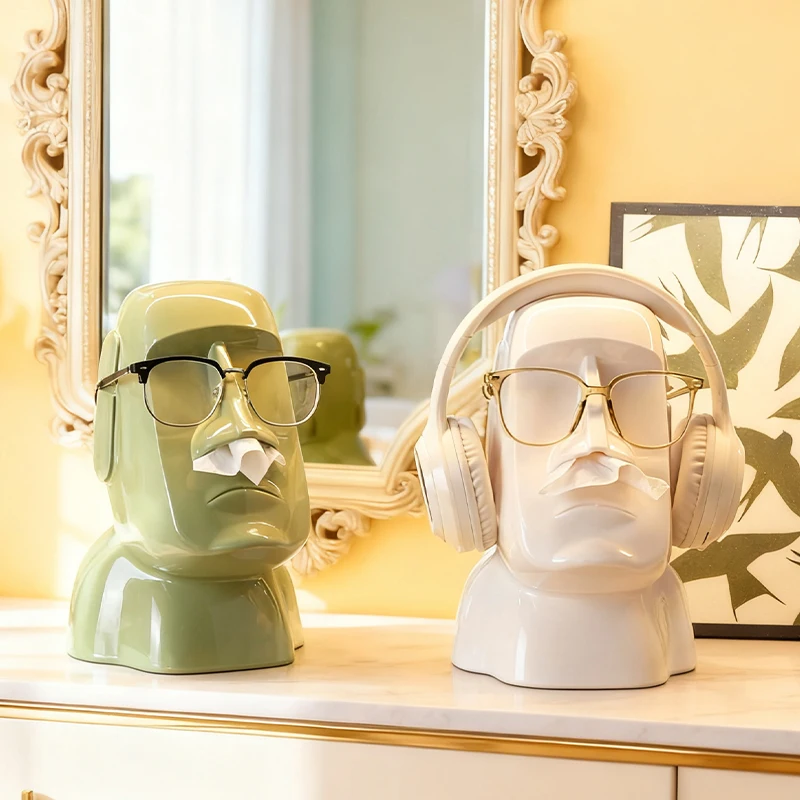 Creative Moai Stone Statue Tissue Box Glasses Holder Head Mounted Earphone Stand Home Multifunctional Decorative Ornament Gift