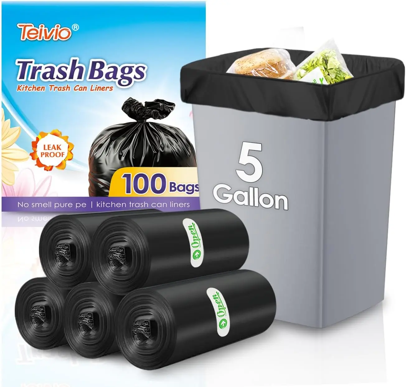 

5 Gallon 100 Counts Black Trash Bags, Garbage Bin Liners for Home Office Kitchen Bathroom