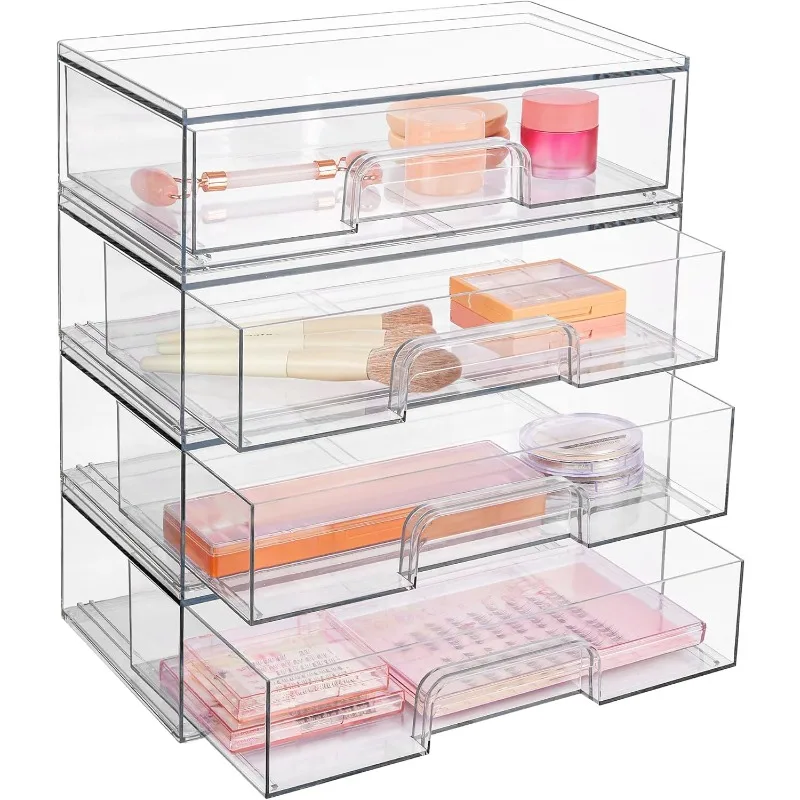 12''W Stackable Storage Drawers, 4 Pack Clear Plastic Organizers Bins for Makeup Palettes, Cosmetics, and Beauty Supplies,Ideal