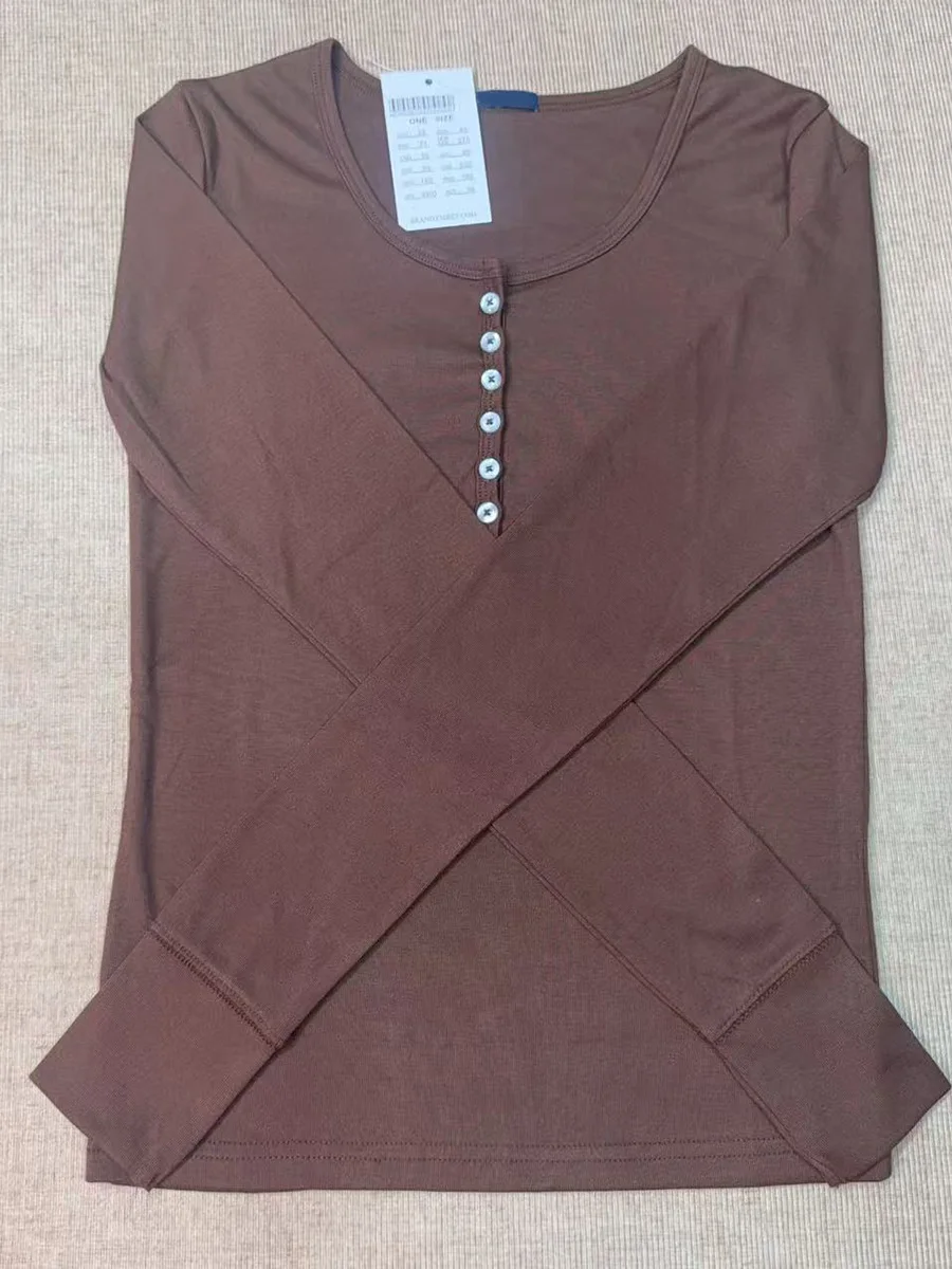 

Six Buttons Brown Basic Long Sleeve T-shirt Women Autumn New Round Neck Soft All-match T-shirts Vintage Casual Simple Tees Tops
