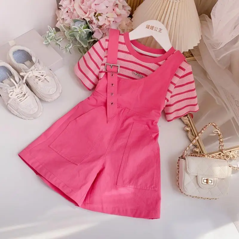 4-15Year-Old Girls Summer Suit Korean Style New Striped Short Sleeve Girls Fashion Suspender Pants Two-Piece Suit Girl Clothes