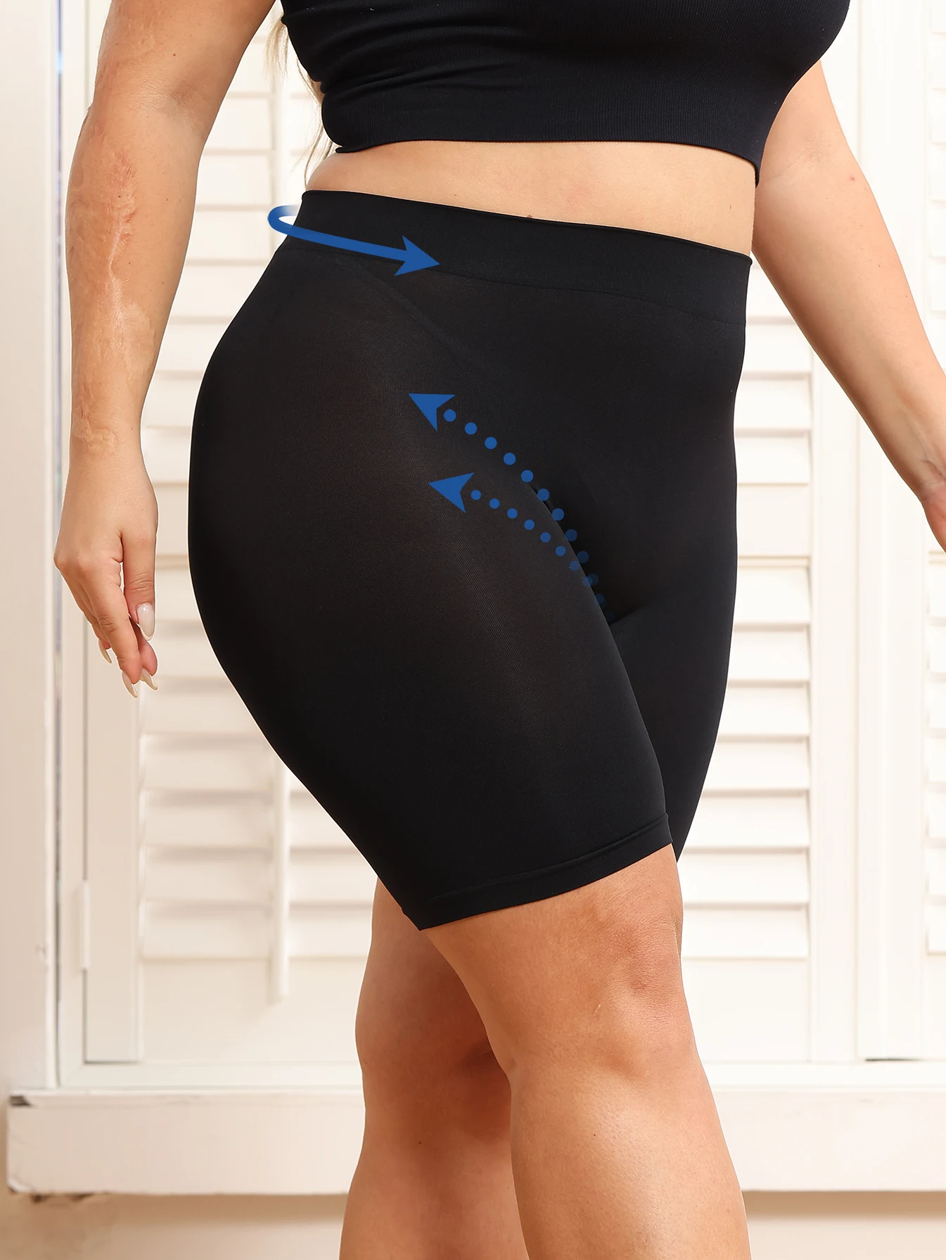 Plus-size women\'s shorts with tummy control and butt-lifting features to prevent exposure and provide safety shorts.