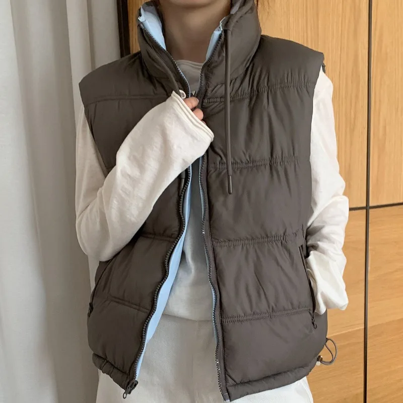 Women Padded Vest Jackets Zipper Stand Collar Reversible Loose Windproof Pocket Drawstring Hem Autumn Winter Casual Vest Jackets